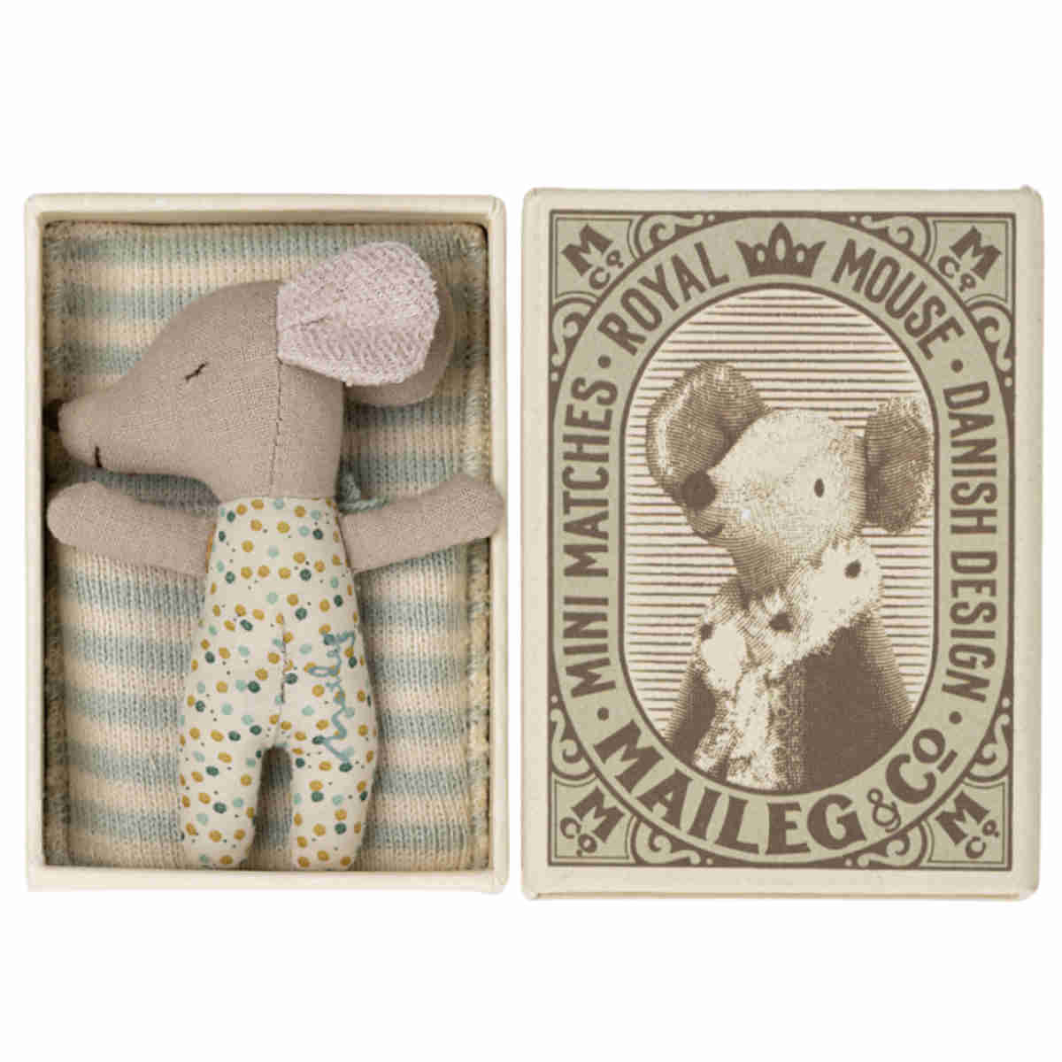 Maileg Sleepy Wakey Baby Mouse in Box, Blue