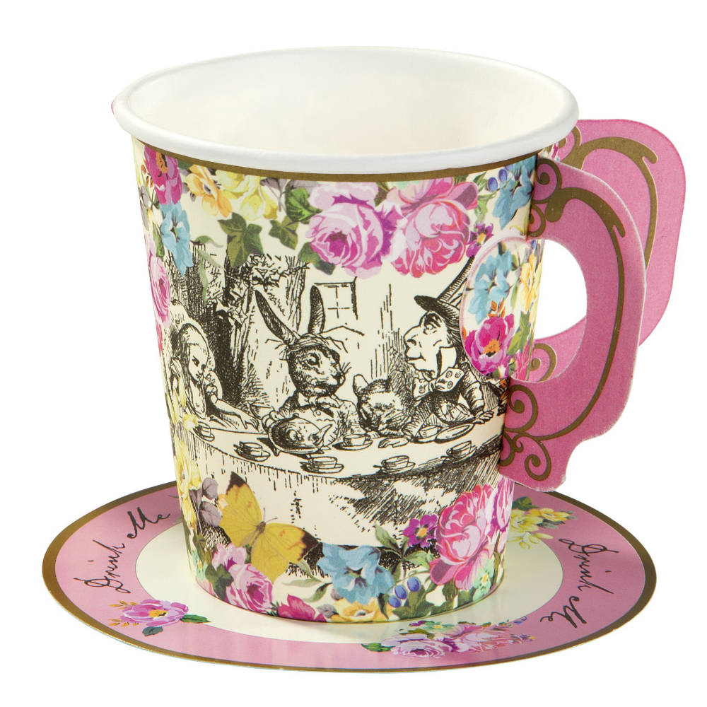 Alice Tea Party Paper Cup & Saucers, 12 Pack