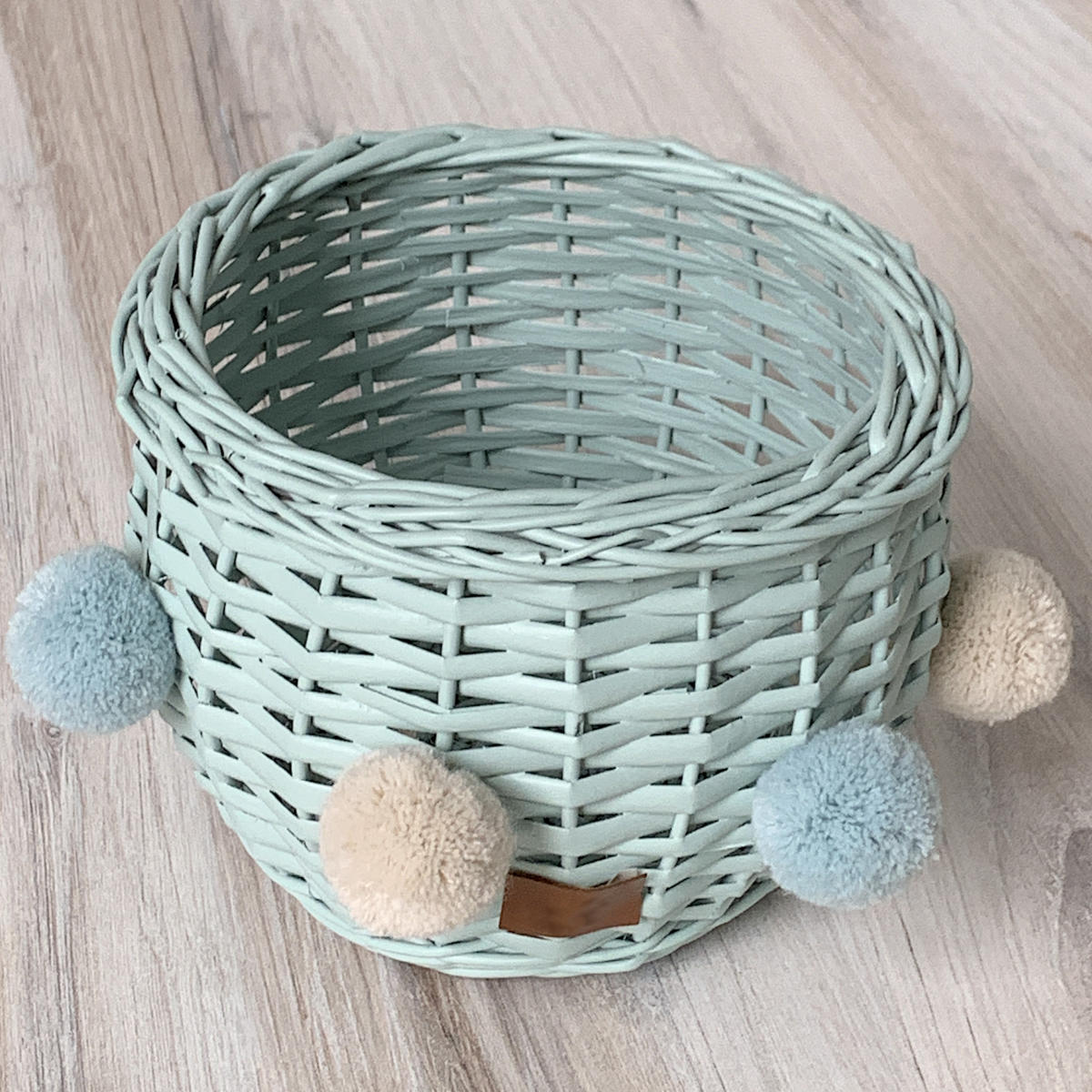 Lilu PomPom Wicker Basket, Dusty Mint